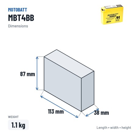 Batería de moto Motobatt MBT4BB 12V 2.5Ah 40A AGM – medidas 113 × 38 × 87 mm