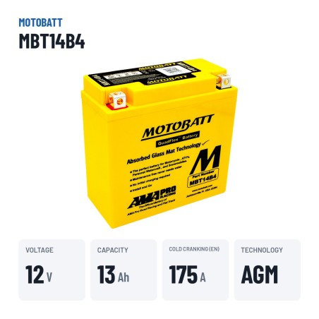 Batteria moto Motobatt MBT14B4 12V 13Ah 175A AGM – dati principali