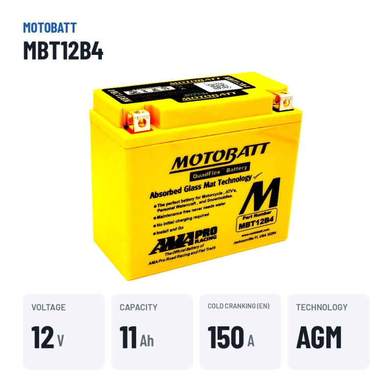 Batteria moto Motobatt MBT12B4 12V 11Ah 150A AGM – dati principali