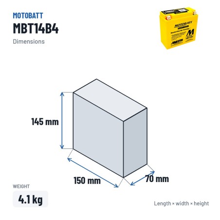 Batteria moto Motobatt MBT14B4 12V 13Ah 175A AGM – dimensioni 150 × 70 × 145 mm