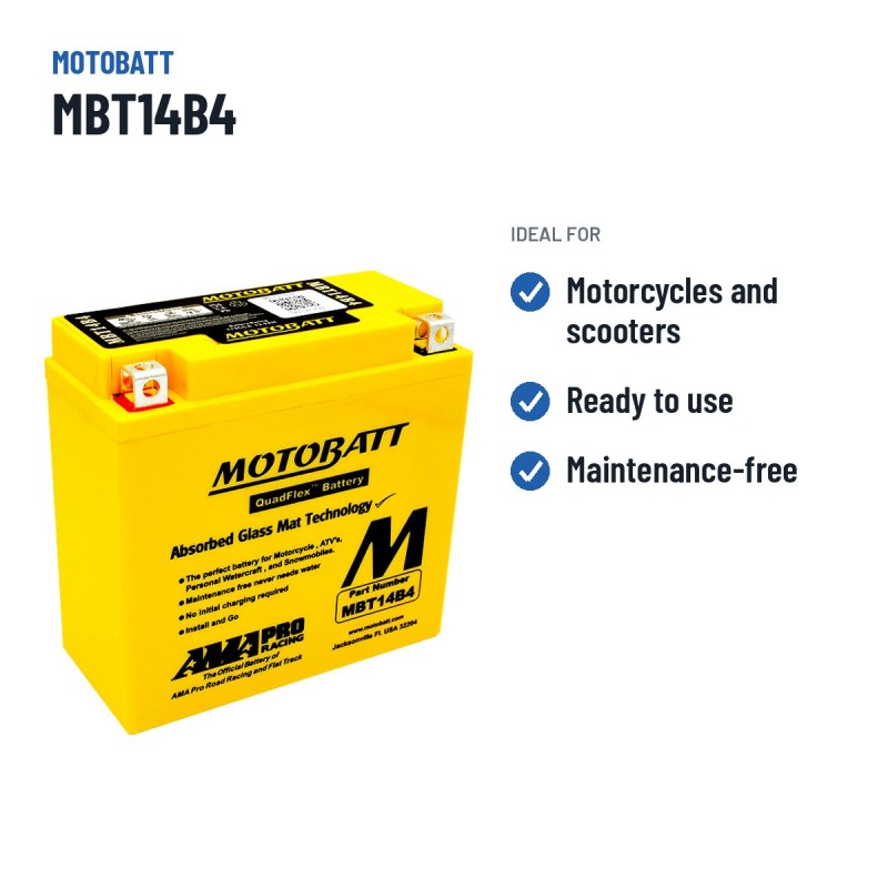 Bateria de mota Motobatt MBT14B4 12V 13Ah 175A AGM – utilizações recomendadas