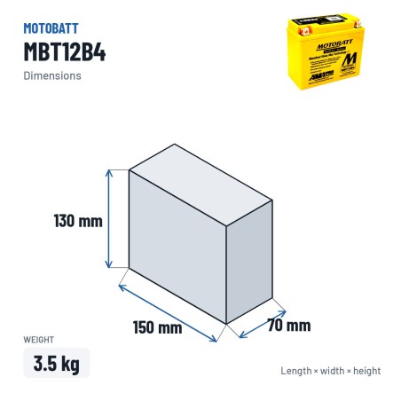 Bateria de mota Motobatt MBT12B4 12V 11Ah 150A AGM – medidas 150 × 70 × 130 mm