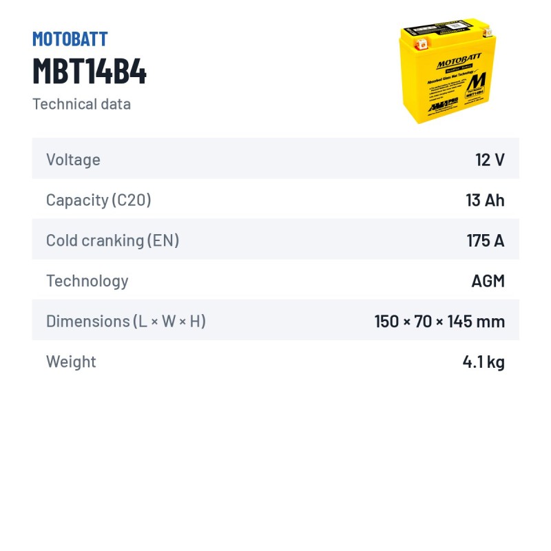 Bateria de mota Motobatt MBT14B4 12V 13Ah 175A AGM – ficha técnica