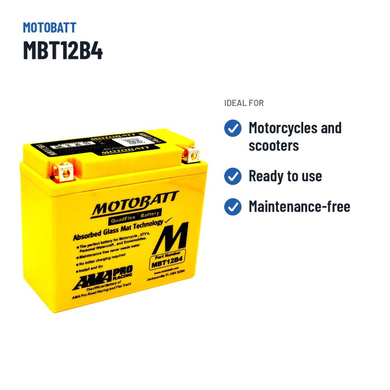 Bateria de mota Motobatt MBT12B4 12V 11Ah 150A AGM – utilizações recomendadas