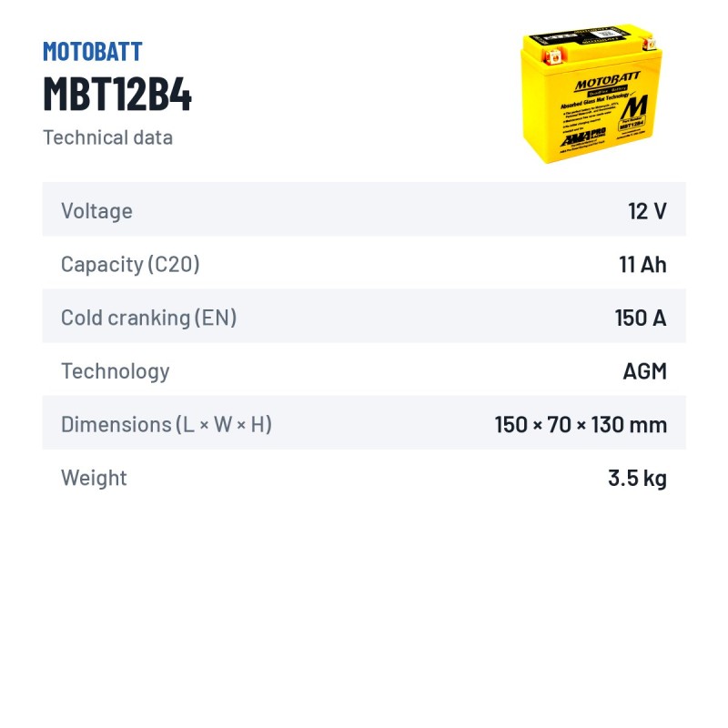 Batteria moto Motobatt MBT12B4 12V 11Ah 150A AGM – scheda tecnica