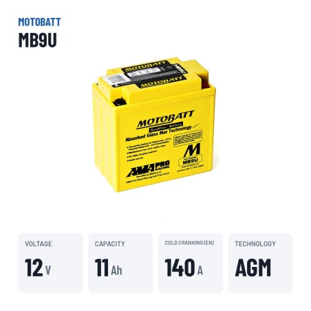 Bateria de mota Motobatt MB9U 12V 11Ah 140A AGM – dados principais