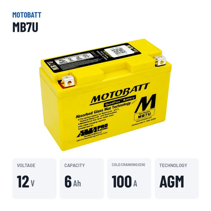 Motorradbatterie Motobatt MB7U 12V 6.5Ah 100A AGM – wichtigste Daten