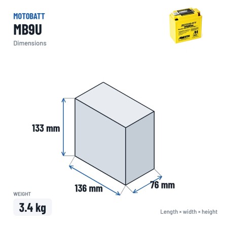 Bateria de mota Motobatt MB9U 12V 11Ah 140A AGM – medidas 136 × 76 × 133 mm