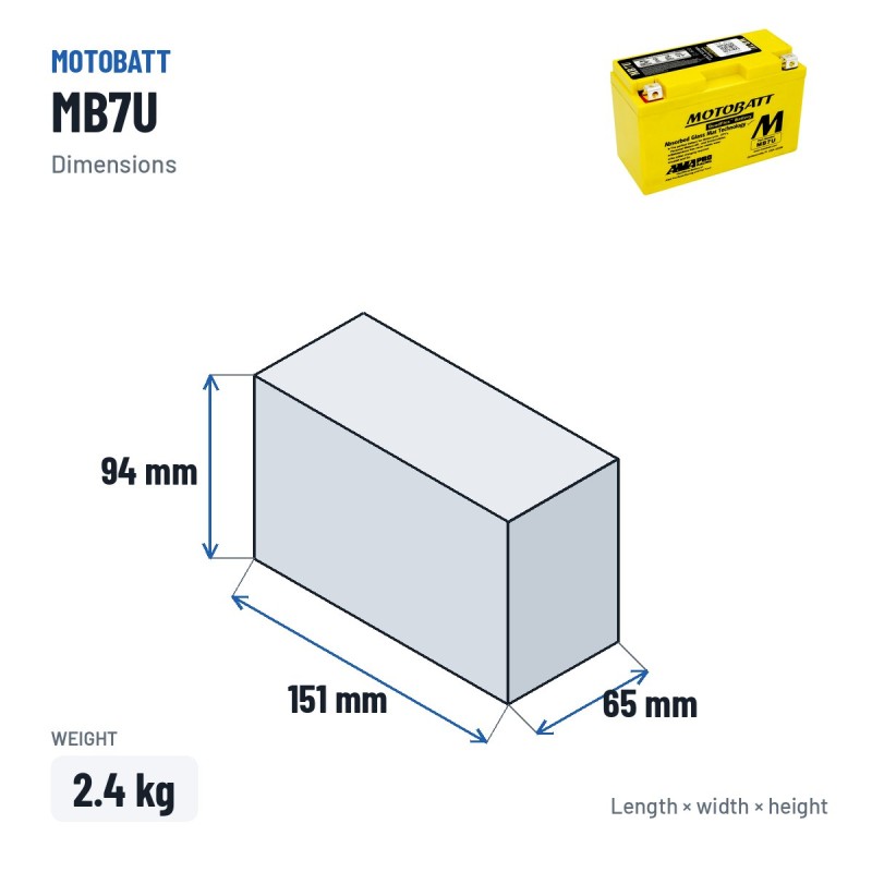 Motorradbatterie Motobatt MB7U 12V 6.5Ah 100A AGM – Abmessungen 151 × 65 × 94 mm