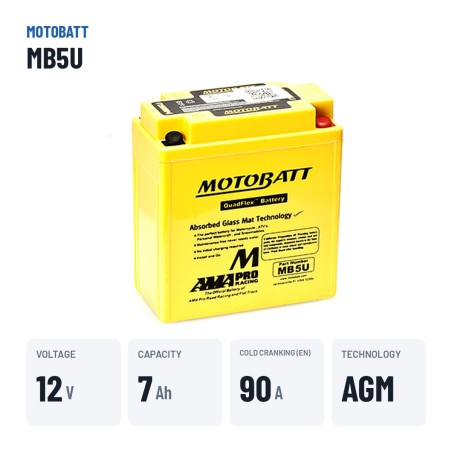 Bateria de mota Motobatt MB5U 12V 7Ah 90A AGM – dados principais