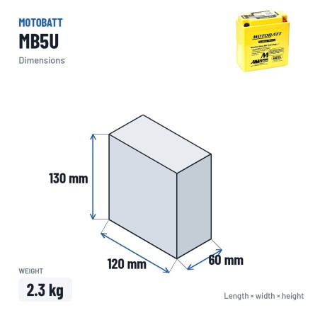 Bateria de mota Motobatt MB5U 12V 7Ah 90A AGM – medidas 120 × 60 × 130 mm