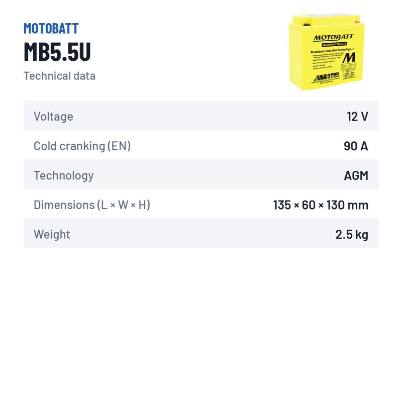 Motorcycle battery Motobatt MB5.5U 12V 7Ah 90A AGM | baterias.com