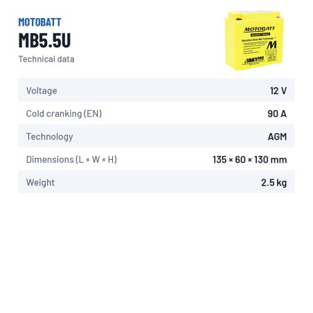 Batterie moto Motobatt MB5.5U 12V 7Ah 90A AGM – fiche technique