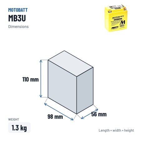 Motorcycle battery Motobatt MB3U 12V 3.8Ah 50A AGM | baterias.com