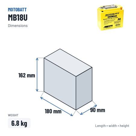 Batería de moto Motobatt MB18U 12V 22.5Ah 280A AGM – medidas 180 × 90 × 162 mm