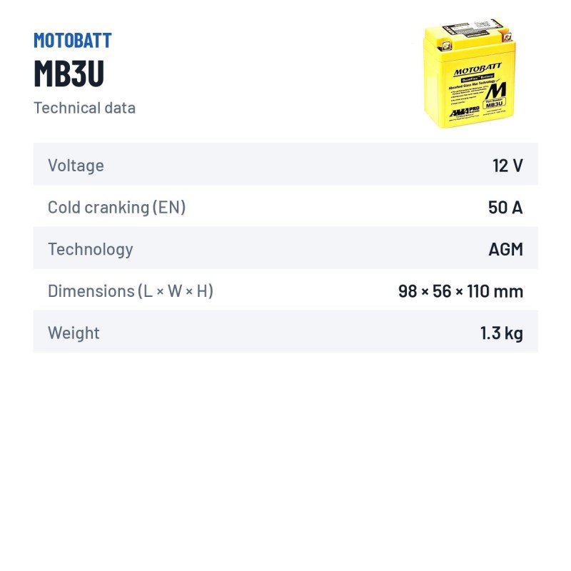 Motorcycle battery Motobatt MB3U 12V 3.8Ah 50A AGM | baterias.com