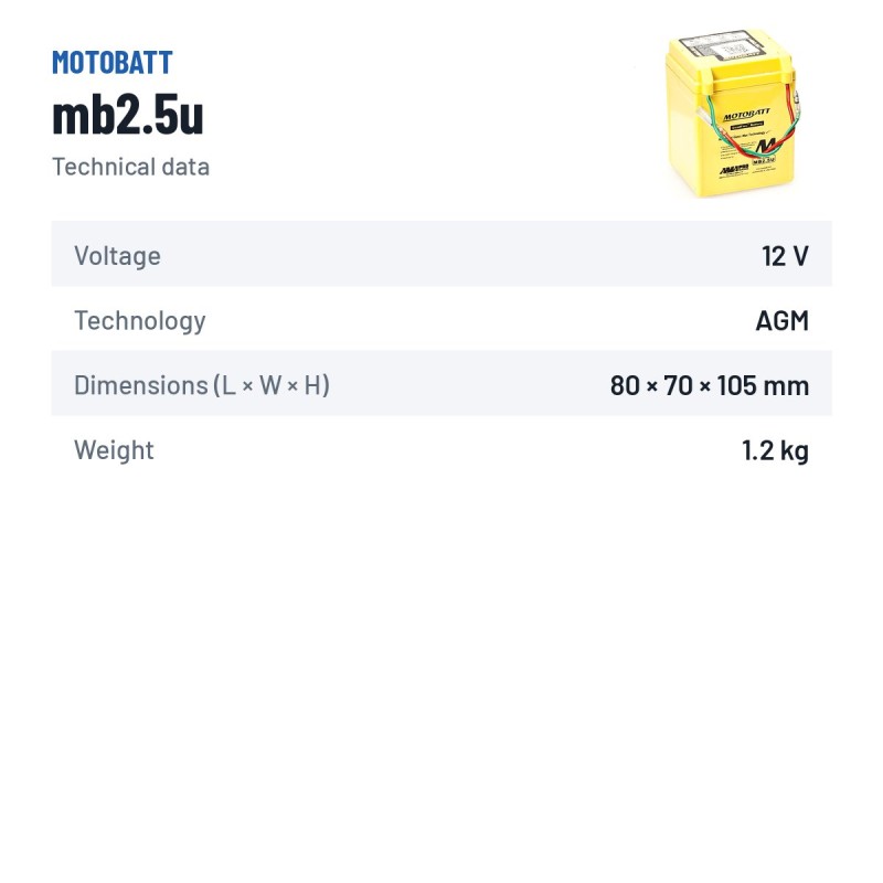 Batteria moto Motobatt mb2.5u 12V 2.5Ah AGM – scheda tecnica