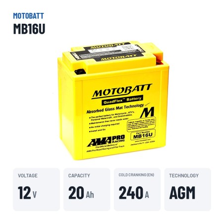 Batería de moto Motobatt MB16U (YB16BA) 12V 20Ah 240A AGM