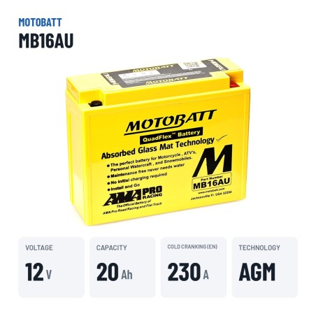 Motorcycle battery Motobatt MB16AU (YB16ALA2) 12V 20.5Ah 230A AGM