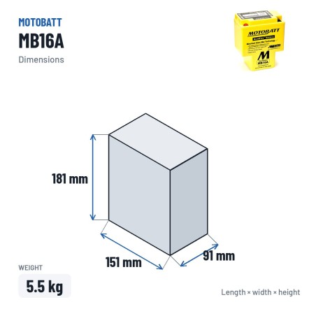 Bateria de mota Motobatt MB16A 12V 19Ah 200A AGM – medidas 151 × 91 × 181 mm
