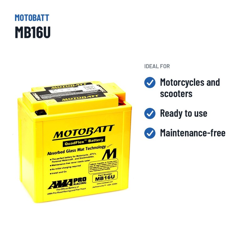 Batería de moto Motobatt MB16U (YB16BA) 12V 20Ah 240A AGM