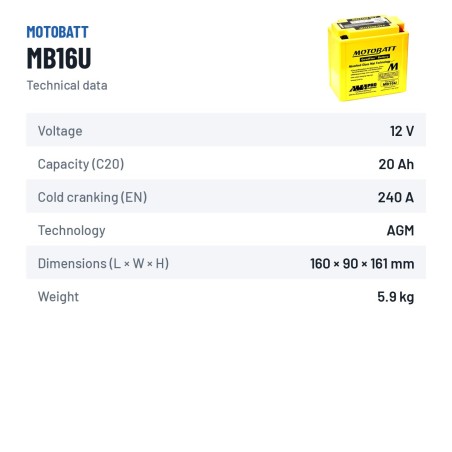Batería de moto Motobatt MB16U (YB16BA) 12V 20Ah 240A AGM