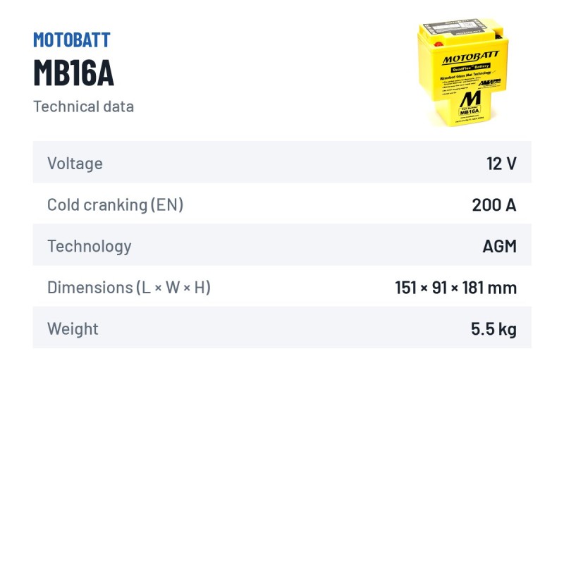 Bateria de mota Motobatt MB16A 12V 19Ah 200A AGM – ficha técnica
