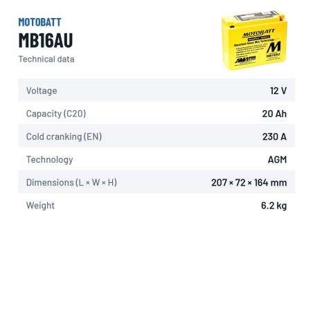 Motorcycle battery Motobatt MB16AU (YB16ALA2) 12V 20.5Ah 230A AGM