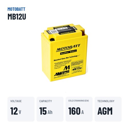 Bateria de mota Motobatt MB12U (YB12AA) 12V 15Ah 160A AGM