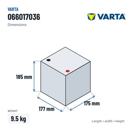 Car battery Varta 066017036 6V 66Ah 360A – dimensions 177 × 175 × 185 mm