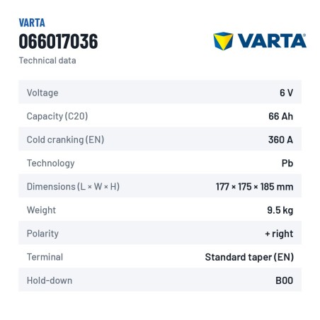 Bateria de carro Varta 066017036 6V 66Ah 360A – ficha técnica