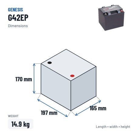 Batteria stazionaria UPS Genesis G42EP 12V 42Ah AGM – dimensioni 197 × 165 × 170 mm