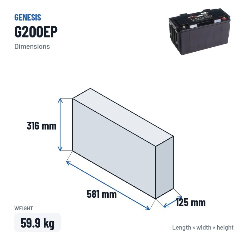 Stationärbatterie USV Genesis G200EP 12V 200Ah AGM – Abmessungen 581 × 125 × 316 mm