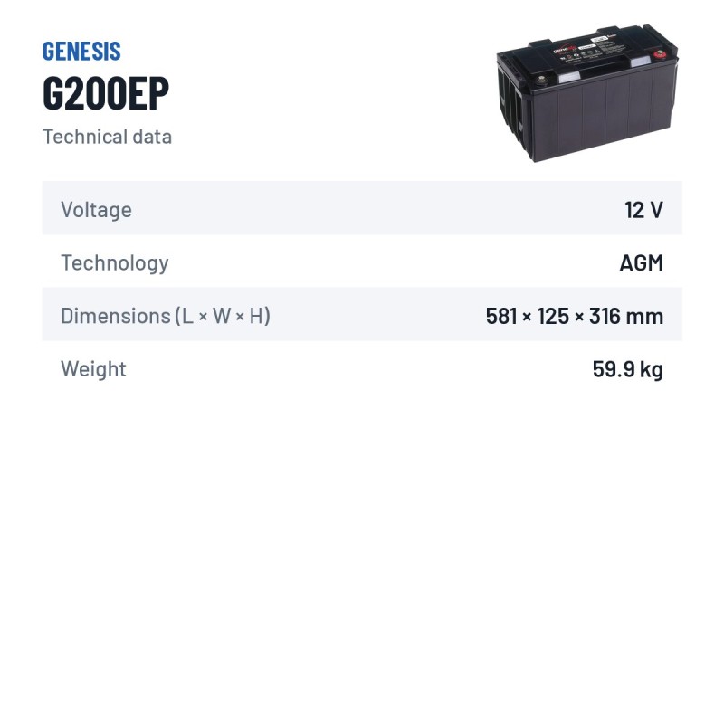 Stationärbatterie USV Genesis G200EP 12V 200Ah AGM – technische Daten