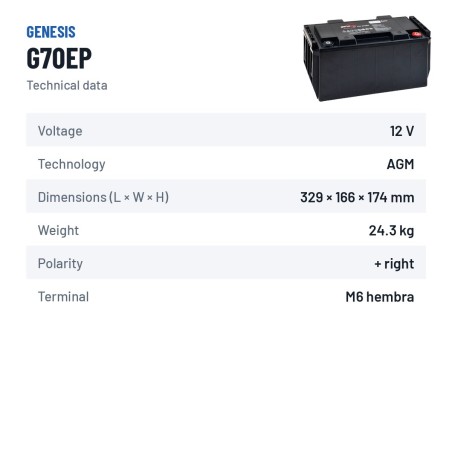 Batteria stazionaria UPS Genesis G70EP 12V 72Ah AGM – scheda tecnica