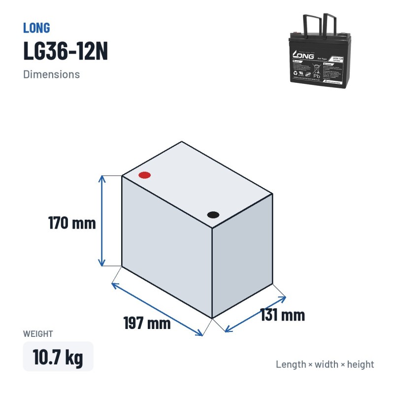 Rollstuhlbatterie Long LG36-12N 12V 36Ah GEL – Abmessungen 197 × 131 × 170 mm