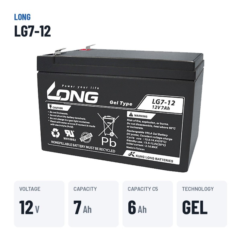 Wheelchair battery Long LG7-12 12V 7Ah GEL | baterias.com