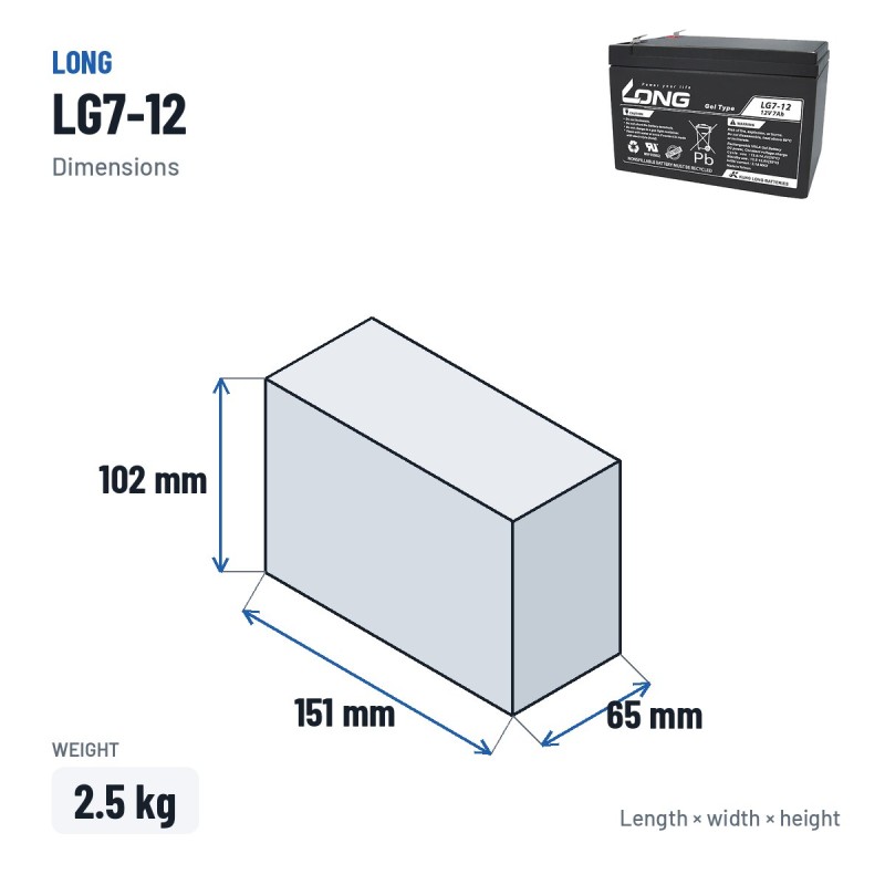 Wheelchair battery Long LG7-12 12V 7Ah GEL | baterias.com