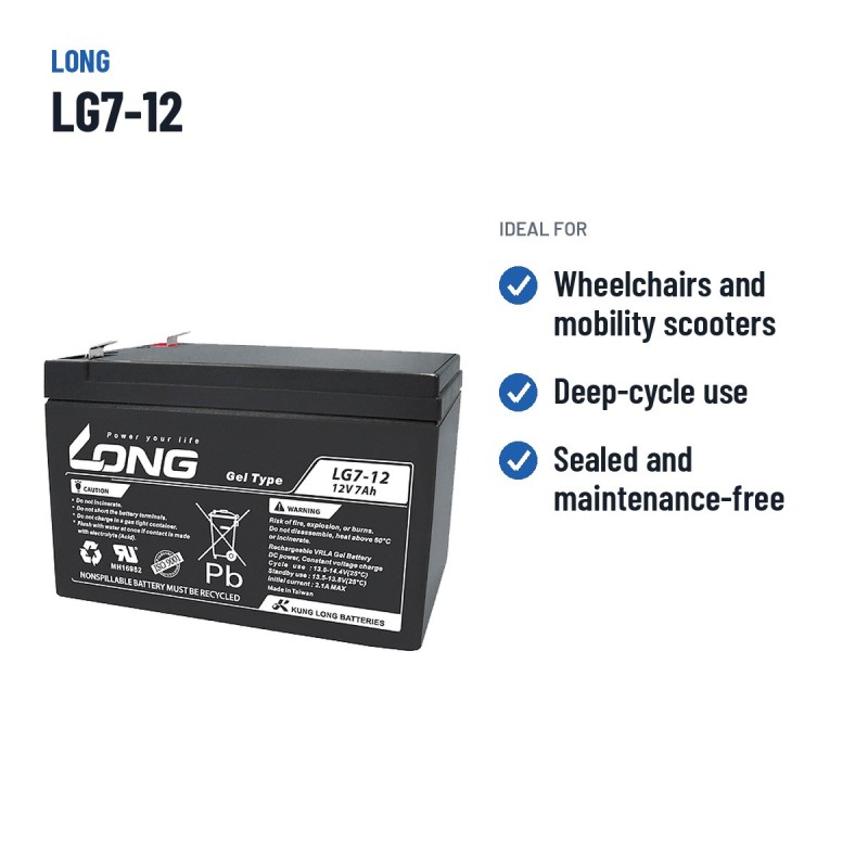 Wheelchair battery Long LG7-12 12V 7Ah GEL | baterias.com