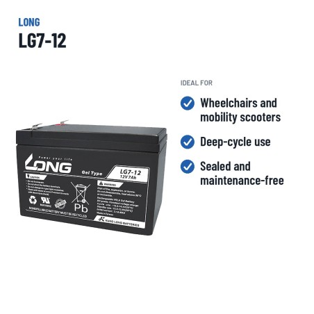 Batteria per carrozzina Long LG7-12 12V 7Ah GEL – usi consigliati