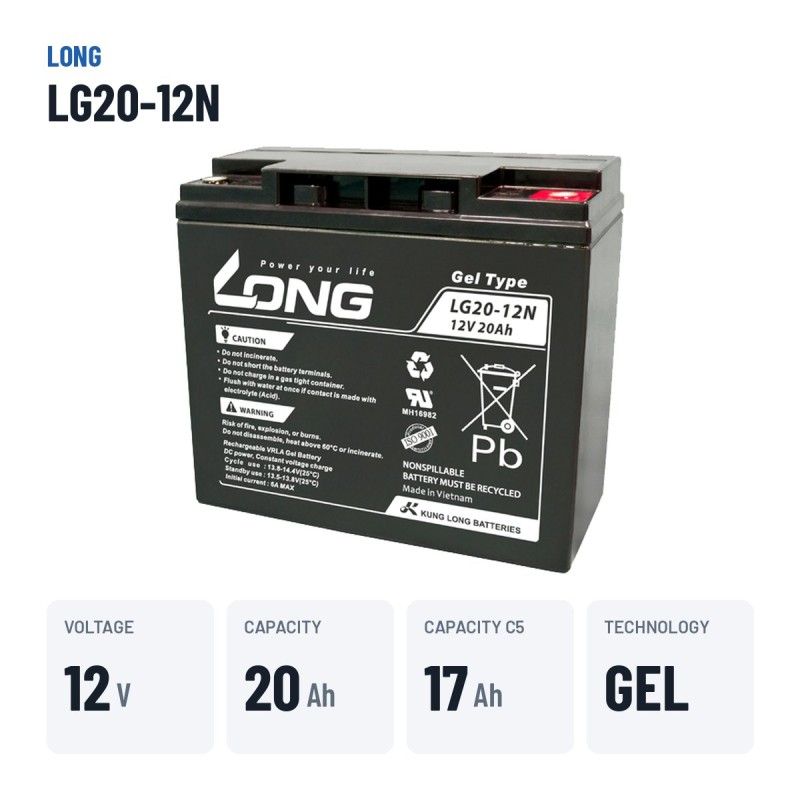 Wheelchair battery Long LG20-12N 12V 20Ah GEL – key specs