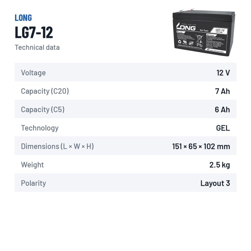 Wheelchair battery Long LG7-12 12V 7Ah GEL | baterias.com