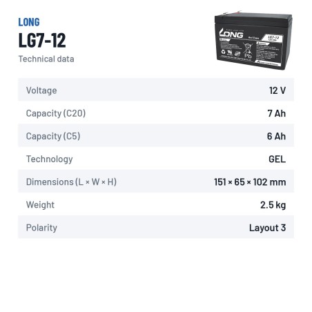 Wheelchair battery Long LG7-12 12V 7Ah GEL | baterias.com