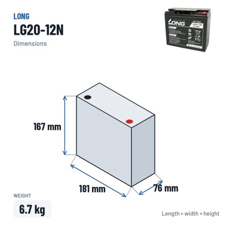 Rollstuhlbatterie Long LG20-12N 12V 20Ah GEL – Abmessungen 181 × 76 × 167 mm