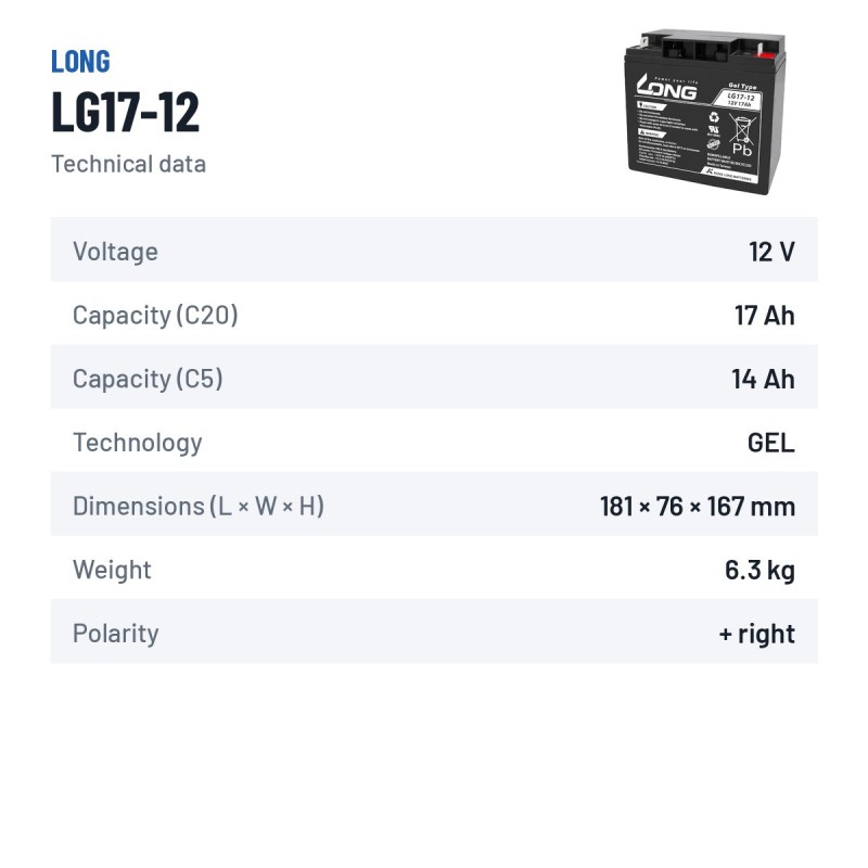 Wheelchair battery Long LG17-12 12V 17Ah GEL – technical data