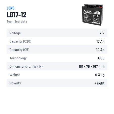 Wheelchair battery Long LG17-12 12V 17Ah GEL – technical data