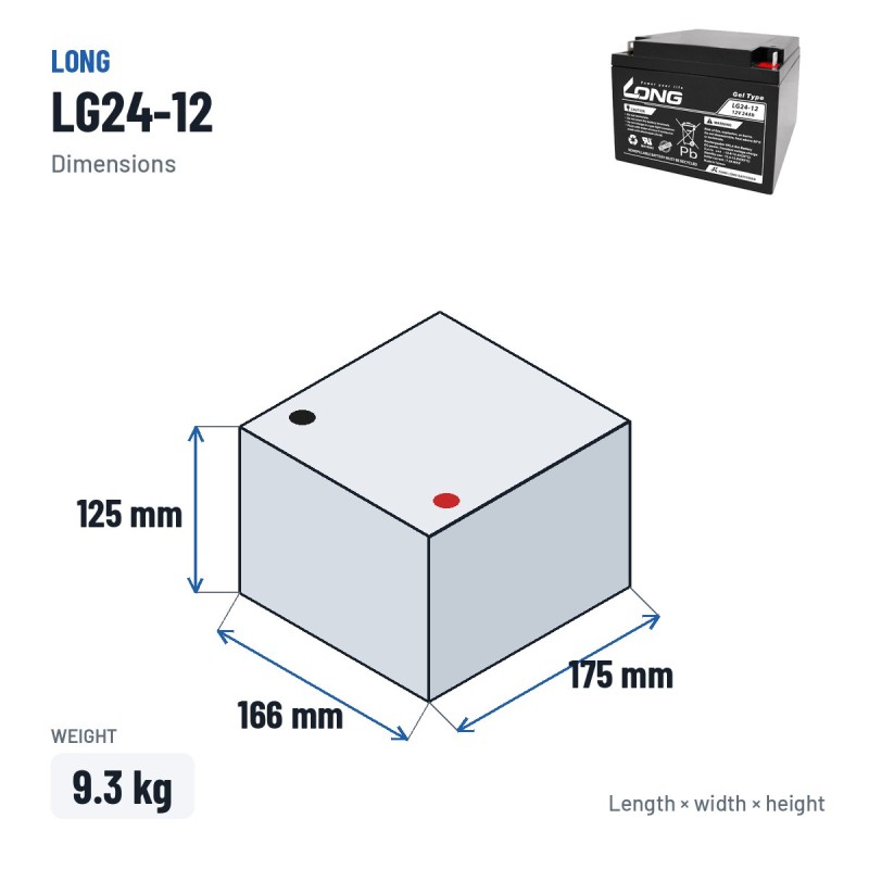 Batería de silla de ruedas Long LG24-12 12V 24Ah GEL – medidas 166 × 175 × 125 mm