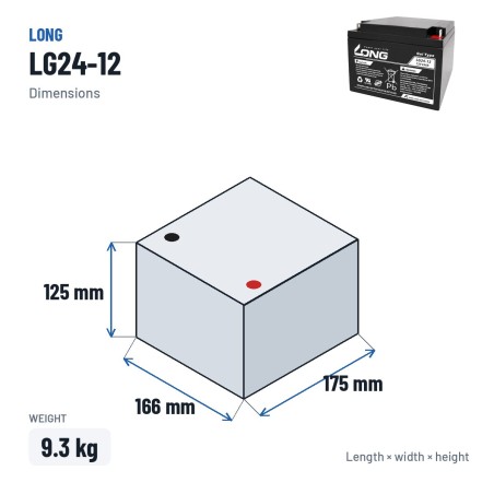 Batería de silla de ruedas Long LG24-12 12V 24Ah GEL – medidas 166 × 175 × 125 mm