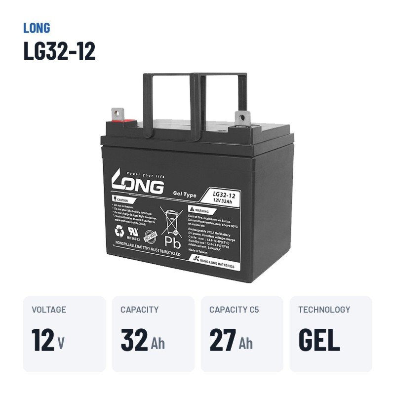 Wheelchair battery Long LG32-12 12V 32Ah GEL – key specs
