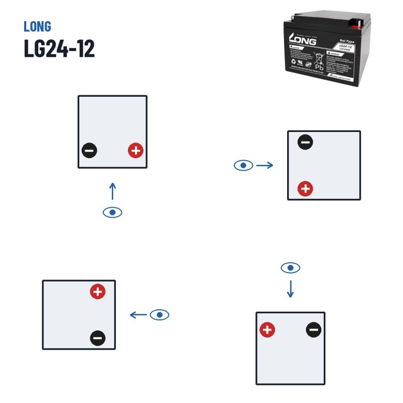 Wheelchair battery Long LG24-12 12V 24Ah GEL – polarity (layout 0, + right)